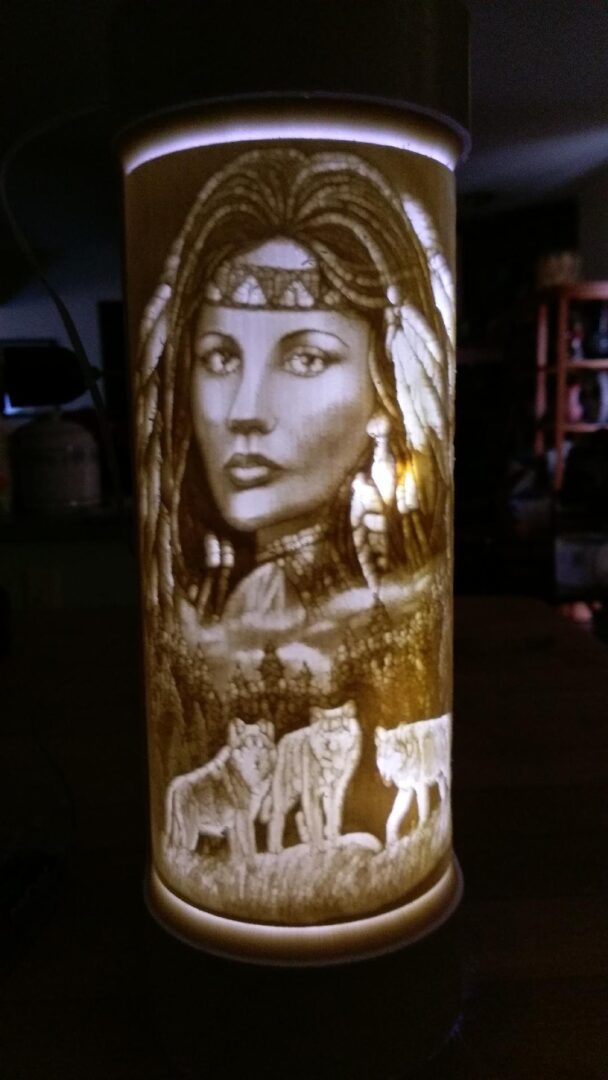 Indian lady with three wolves wood lithophane