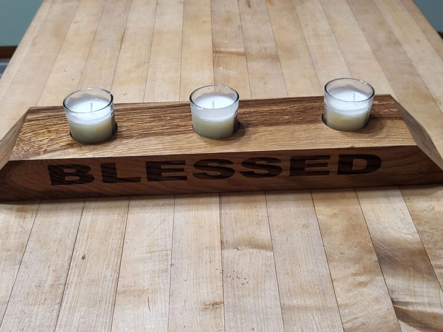 wooden candle holder with blessed print